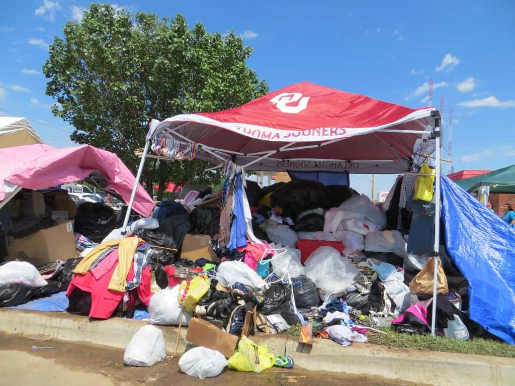 Piles of donated clothing. Photo by Patsy Terrell. Used by permission. 