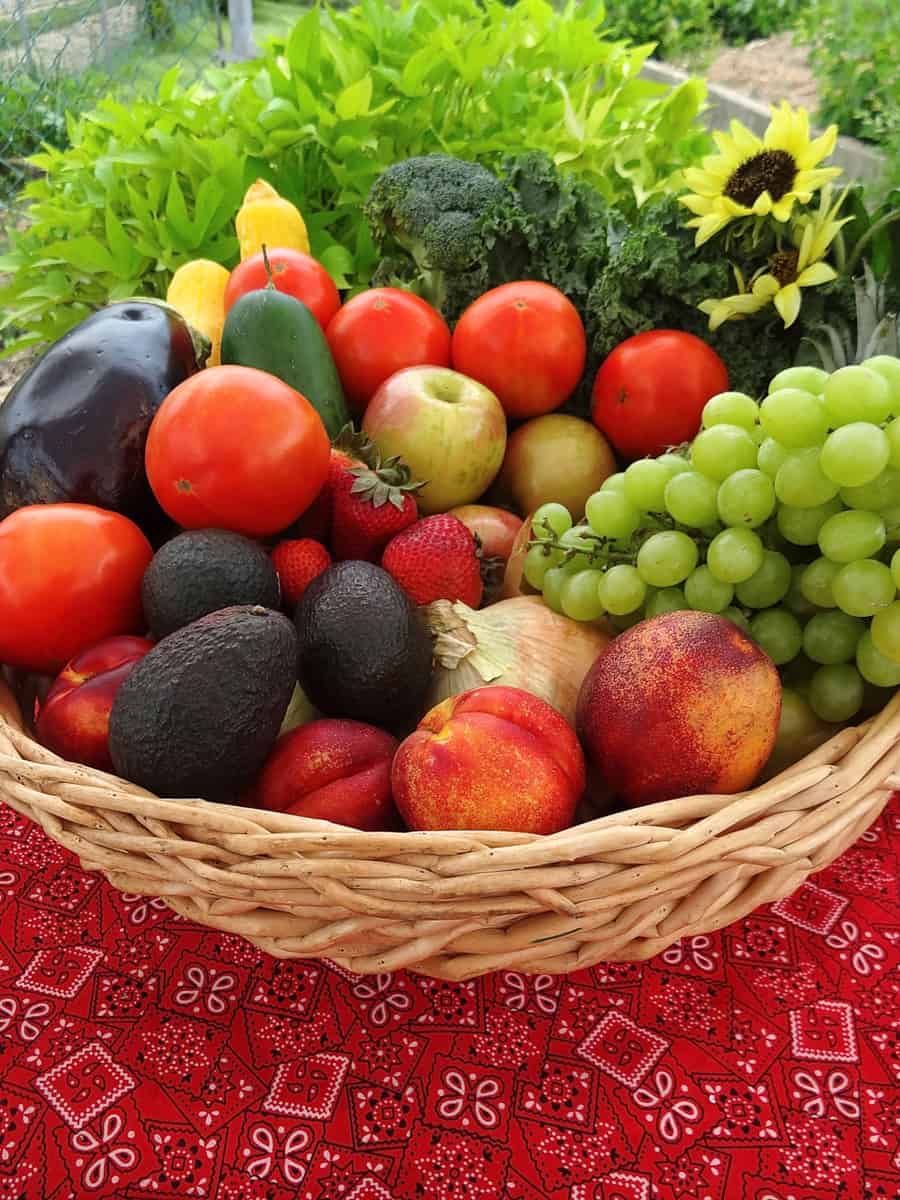 A basket of fruits on a bandana table cloth.