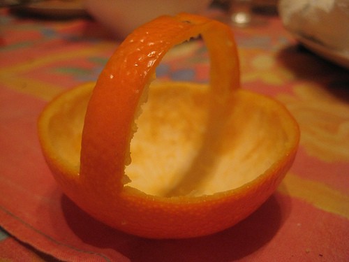 Tiny basket cut from an orange peel. 