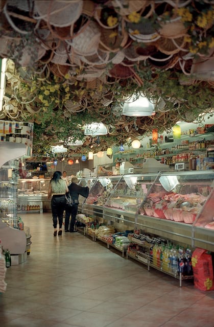 Baskets on the ceiling of a grocery store