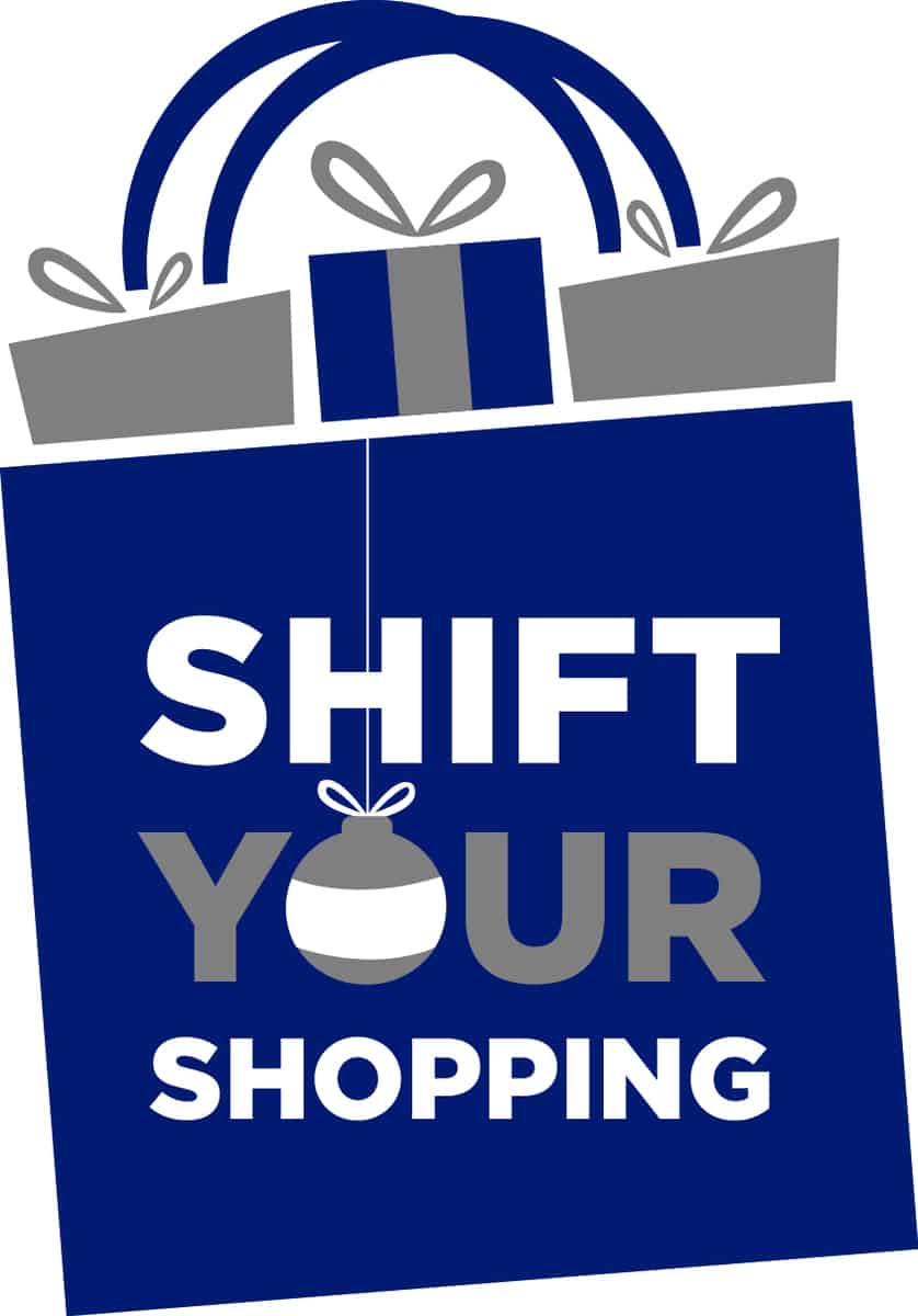 Shopping bag full of gifts says, "Shift Your Shopping."