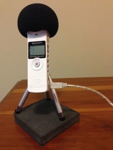 My improvised sound isolator: a piece of foam to keep vibrations from being picked up by the mic. Photo by Becky McCray. 
