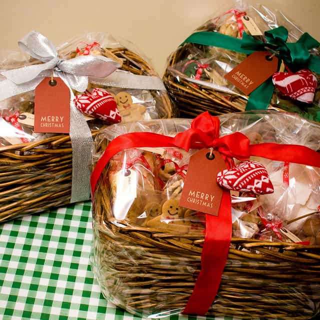 Baskets full of treats labeled "Merry Christmas"