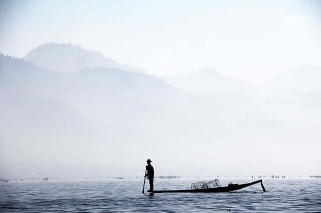 Fisher with basket in Myanmar