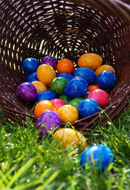 Easter basket overflowing on the lawn