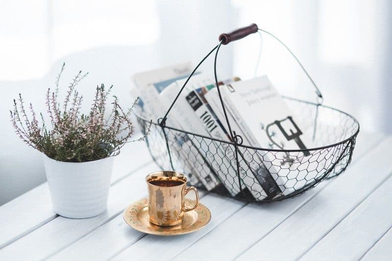 A wire basket filled with books