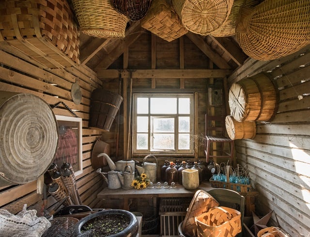 Interior of a garden shed with baskets