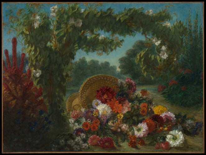 Fine art painting of a basket of flowers by artist Delacroix