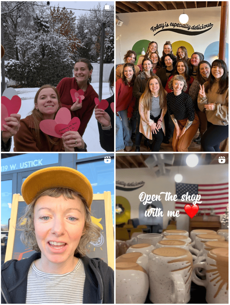 A screenshot of the Common Ground Coffee and Market Instagram feed, showing four images, a group of people with valentine hearts, a group of staff members, one person facing the camera for an explainer video, and one video with text that says "open the shop with me"
