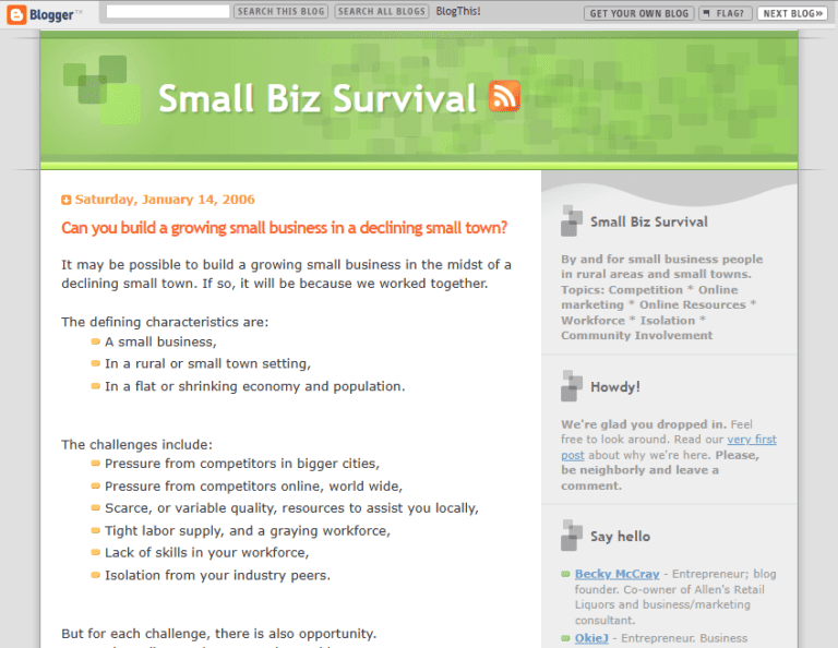 Screenshot of the first post at this blog, Small Biz Survival