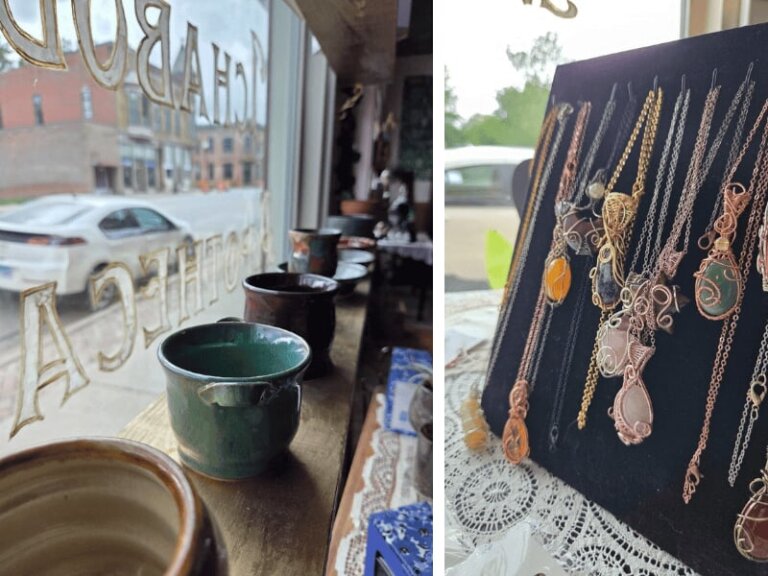 handmade pottery and jewelry from local microbusinesses displayed in a rural Main Street shop